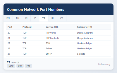 Ortak Ağ Port Numaraları ve Hizmetleri Veri Seti